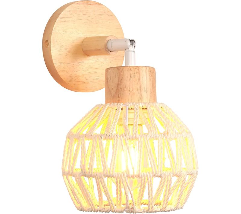 Applique Murale Interieur E27 Lampe Murale Vintage En Rotin Bois Plafonnier Réglable Blanc