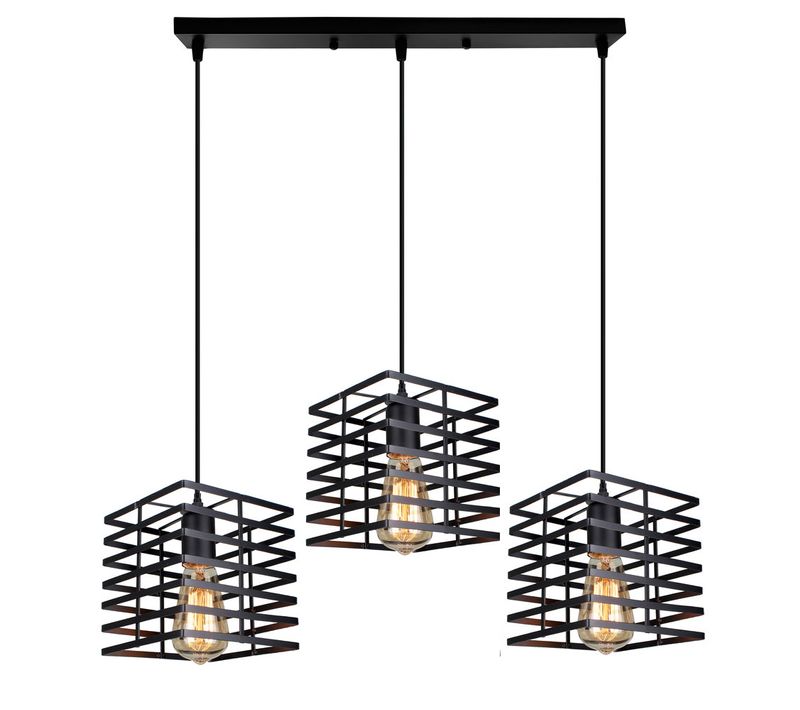 Suspension Luminaire Rétro Lampe à Suspension Vintage 3 Lumières Plafonnier D'intérieur Métal Noire