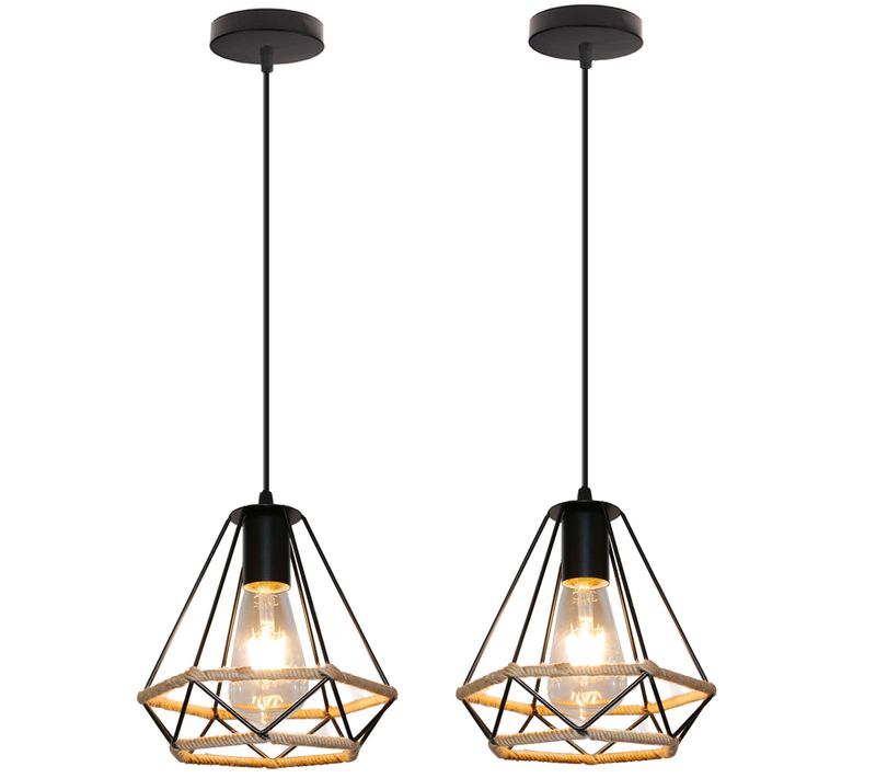 (2pcs) Lustre Rétro Noir Lampe à Suspension En Corde De Chanvre 20cm Plafonnier D'intérieur
