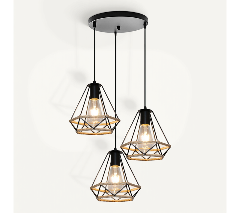 Lustre Rétro Noir Lampe à Suspension En Corde De Chanvre 20cm Plafonnier D'intérieur à 3 Lumières