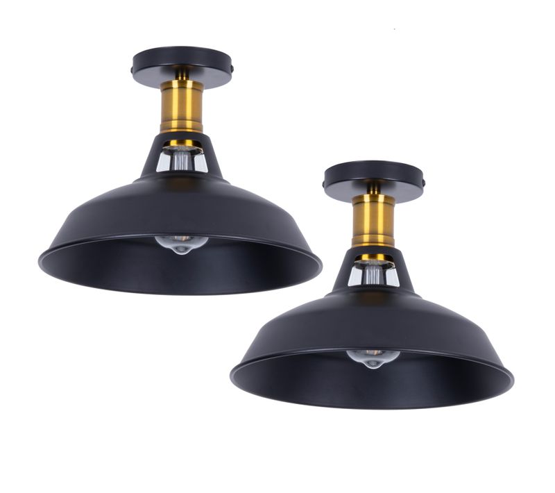 Lot De 2 Plafonnier Industriel Vintage E27 Lustre Abat-jour Lampe De Plafond Intérieur Noir