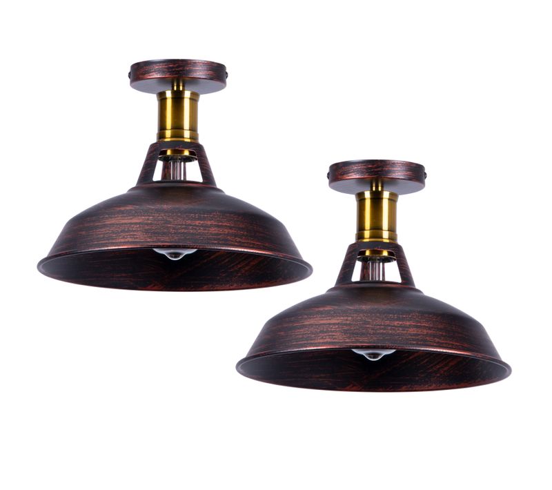 Lot De 2 Plafonnier Industriel Vintage E27 Lustre Abat-jour Lampe De Plafond Intérieur Rouille Rouge