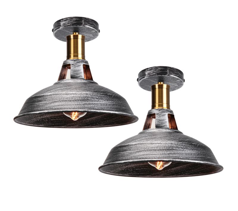 Lot De 2 Plafonnier Industriel Vintage E27 Lustre Abat-jour Lampe De Plafond Intérieur Argenté