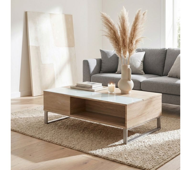 Table basse plateau relevable AZALEA Blanc et imitation chêne
