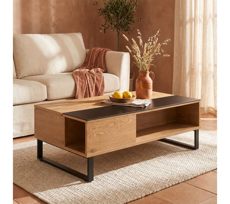 Table basse plateau relevable AZALEA Noir et imitation chêne