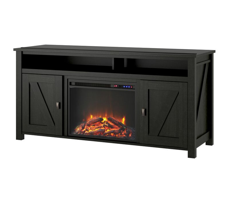 Meuble TV avec cheminée Farmington Avec 2 Portes En Effet Bois Noir