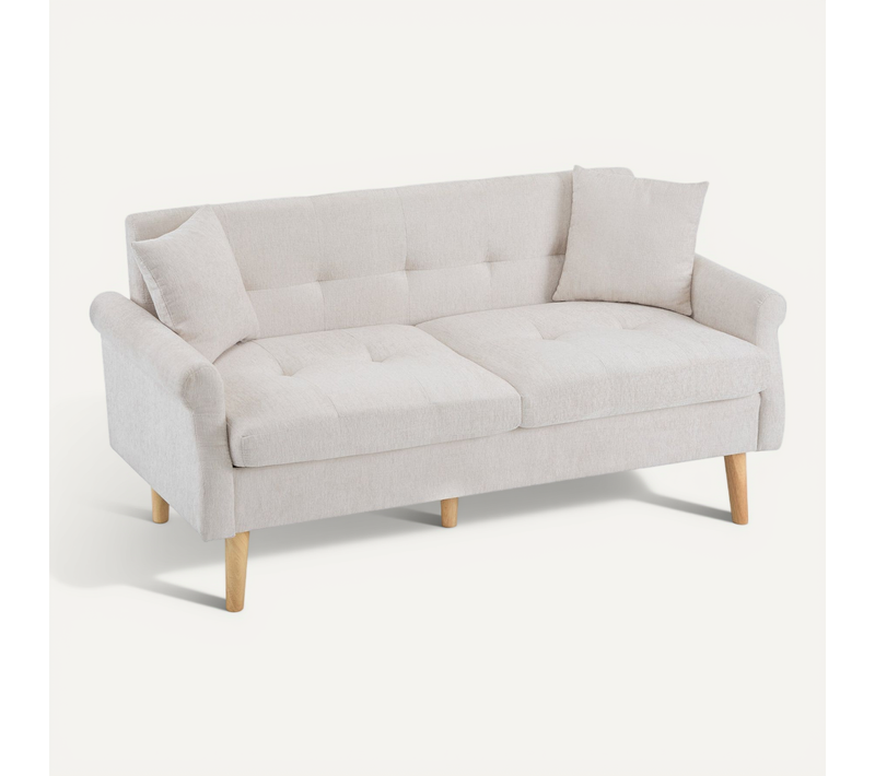 Canapé 2 Places Tissu Chenille Beige Coussins Épais Pieds Bois Massif 162*74*77cm