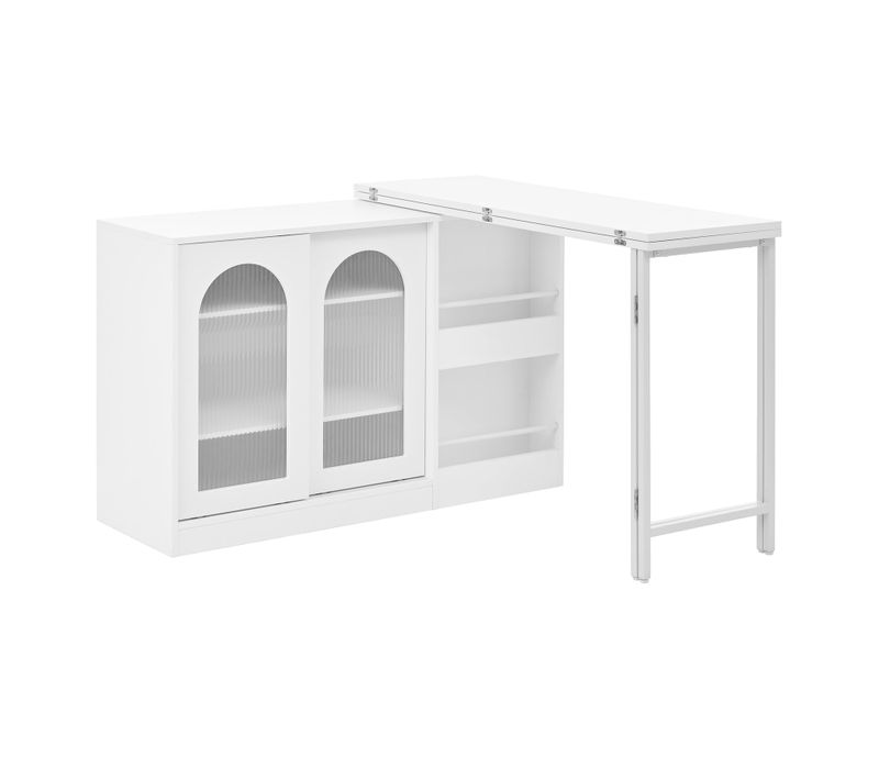 Bar Avec Table Retratable à 360° Avec Portes En Verre Ondulé Convertible Îlot De Cuisine Blanc