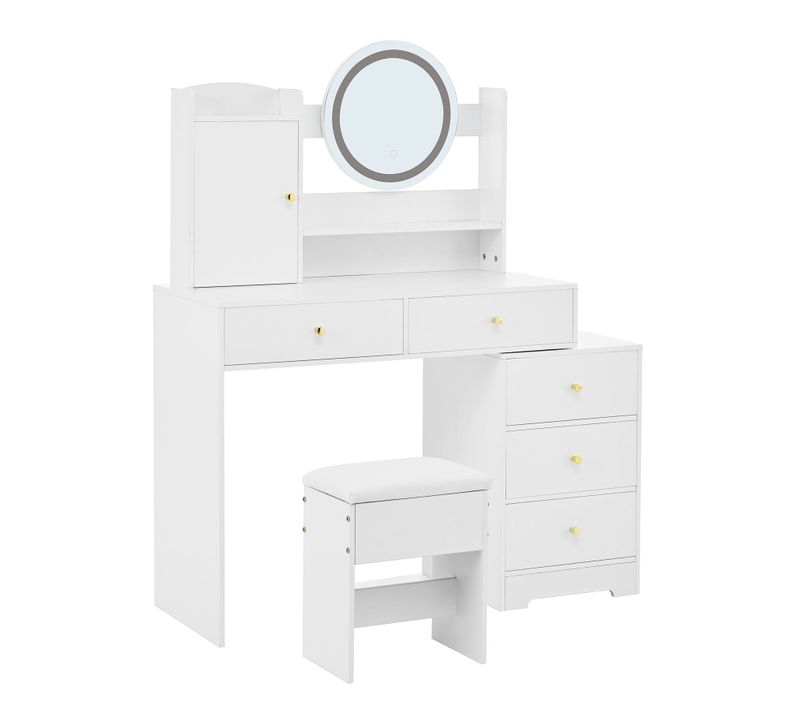 Coiffeuse Moderne Blanche Avec Tabouret, Miroir LED, 5 Tiroirs