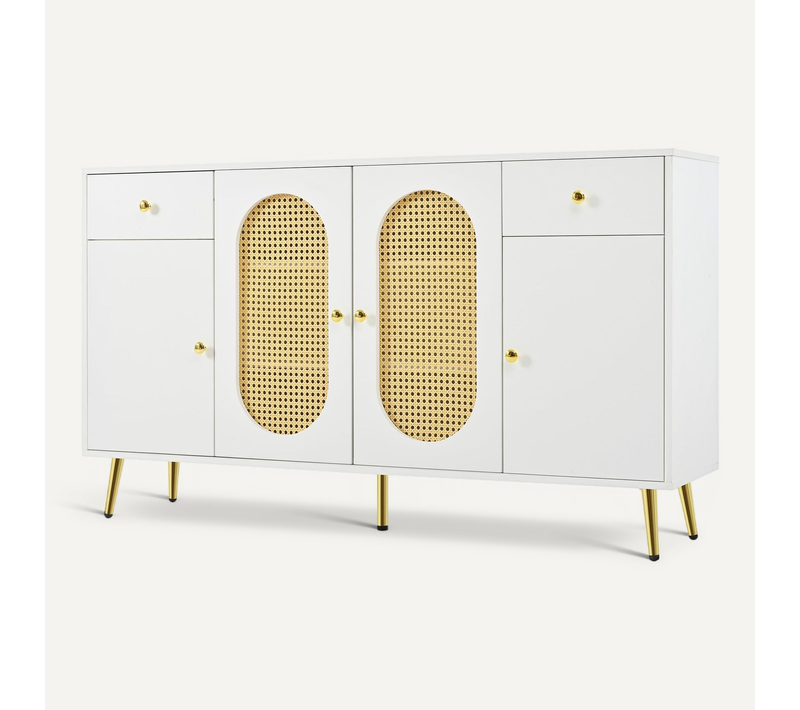 Buffet Blanc Rotin 2 Tiroirs 4 Portes 140x35x82cm