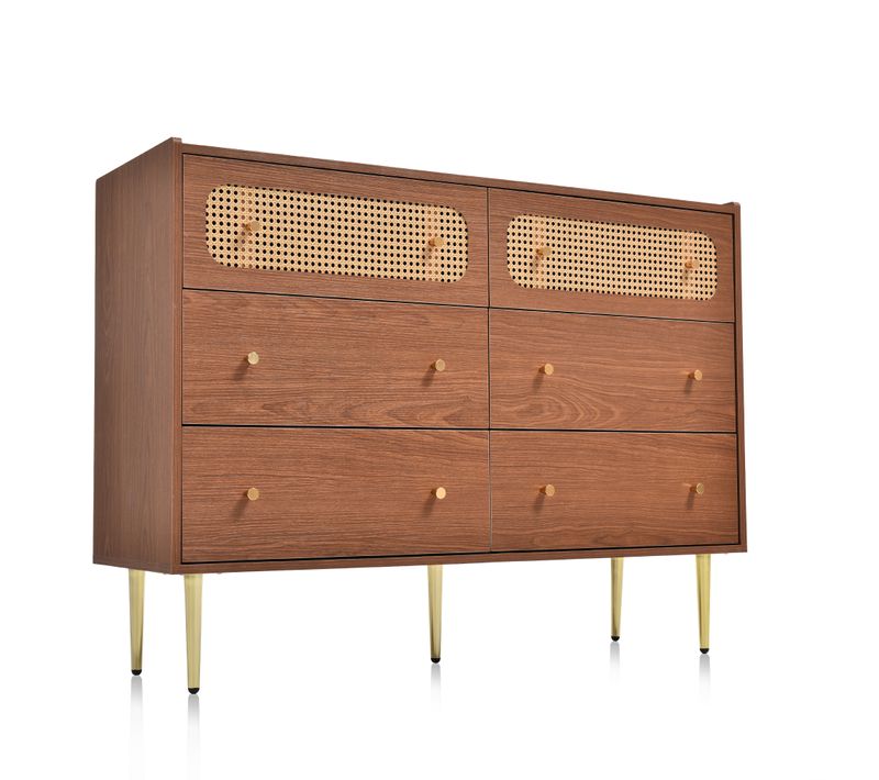 Buffet Vintage 6 Tiroir En Rotin Poignées Et Pieds Dorés 120*90*40cm