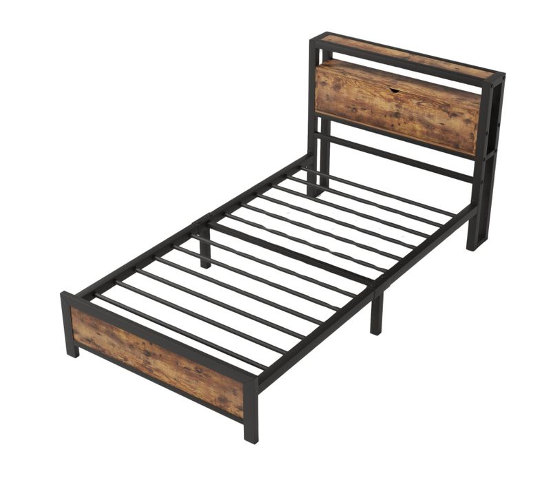Lit Simple Industriel Avec Tête De Lit Rangement Bois Noyer 90x200cm
