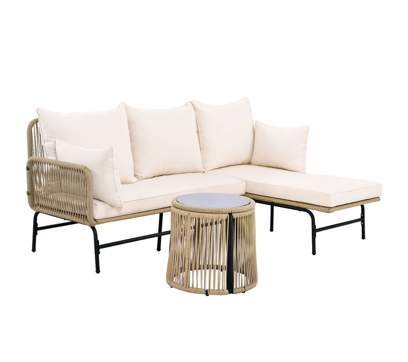 Salon De Jardin D'angle En Corde Tressée Beige Avec Table Basse