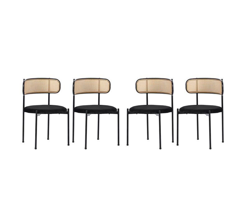 Lot De 4 Chaises De Salle à Manger Rétro Vintage Dossier En Rotin Assise Velours Noir
