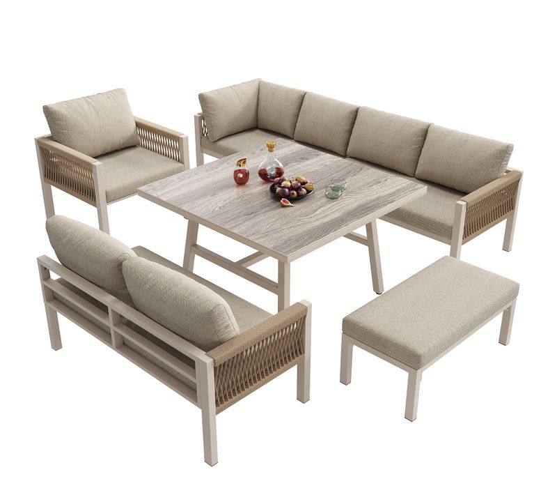 Salon Jardin L 8 Places Beige - Table Effet Bois, Fauteuil et Banc