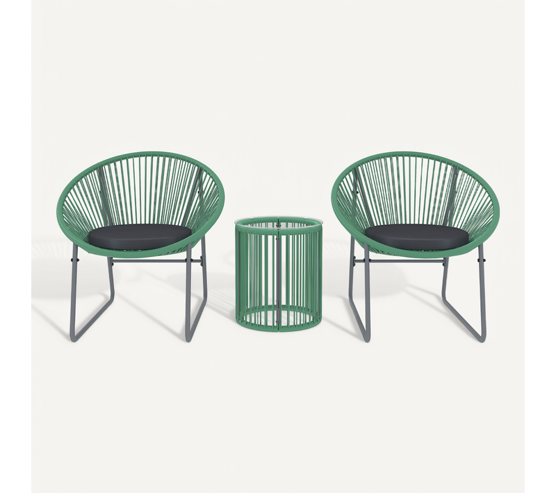 Set Bistro Rotin Vert 2 Pers. : 2 Chaises, Table et Coussins. Idéal Balcon/jardin !