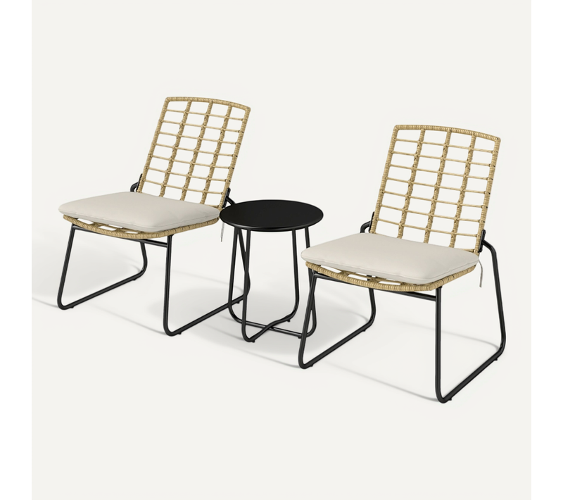Set Rotin 3 Pièces Beige/brun : 2 Chaises Empilables, Table et Coussins. Idéal Balcon !