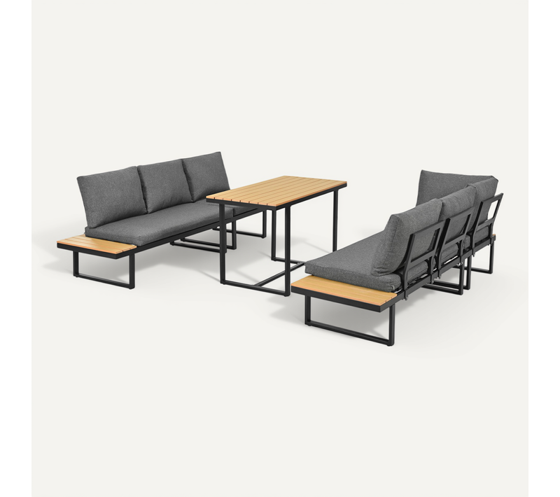 Salon Repas Jardin Angle Gris/noir - Dossier Inclinable 5 Pos. - Acier et Table Effet Bois