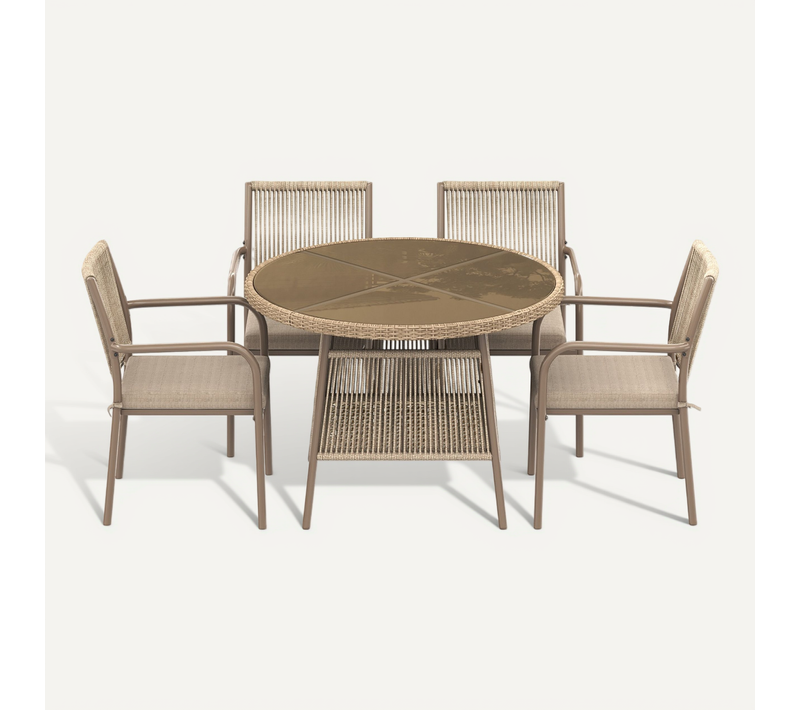Salon Jardin Moderne Rotin - Table Ronde Verre et 4 Fauteuils - Idéal Balcon