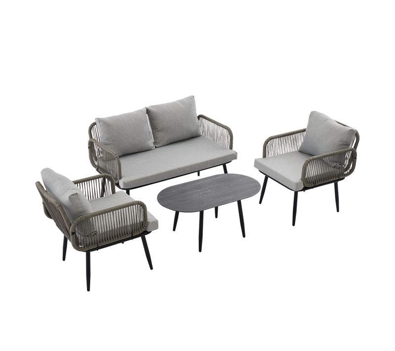 Salon Jardin Gris 4 Pièces - Canapé et 2 Fauteuils Corde - Table Verre Effet Bois
