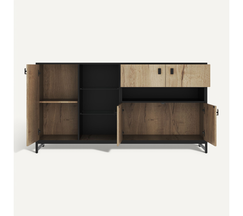 Buffet Minimaliste Moderne, 2 Portes, Étagères Verre Réglables, Salon Et Bureau.