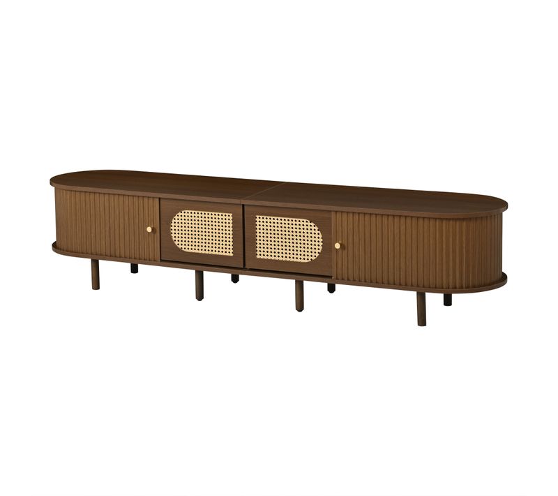 Meuble TV Ovale Noyer 180cm. 2 Portes Coulissantes et 2 Battantes Rotin. Style Rétro.