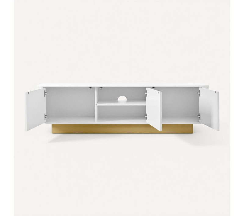 Meuble TV Contemporain Blanc Aux Finitions Cannelées 3 Portes Battantes 170x40,5x47 Cm