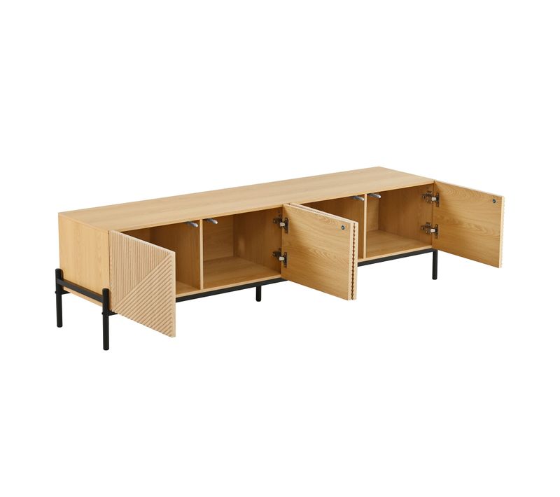 Meuble TV Contemporain Effet Bois Naturel Motif Géométrique 3d, 4 Portes 163.5 Cm