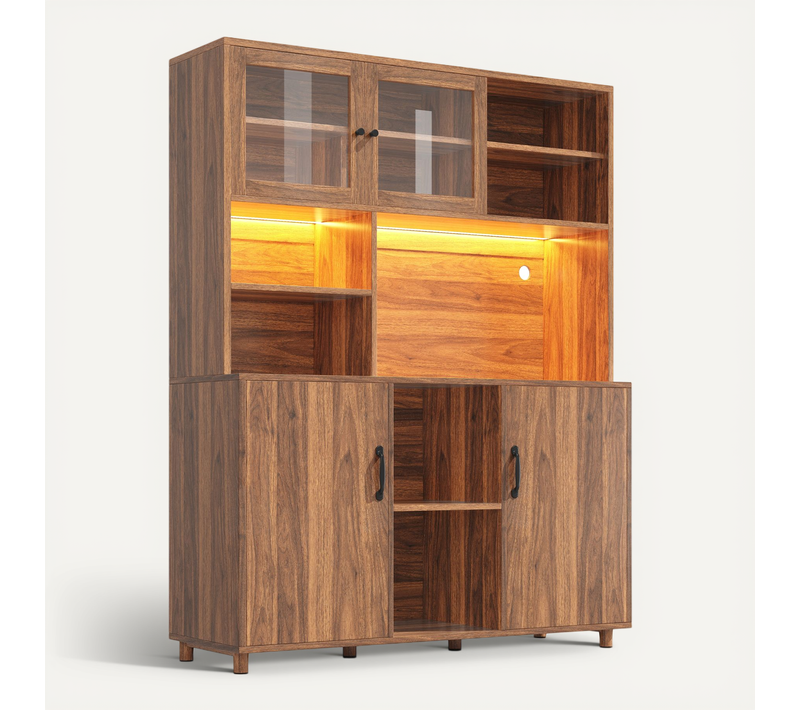 Buffet Haut Noyer Avec Vitrine, LED Et Rangement Snack 140 Cm