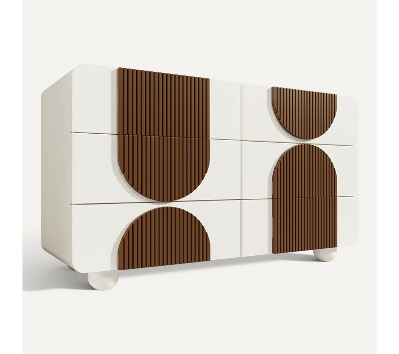Buffet Moderne Bicolore Blanc à 6 Tiroirs Avec Design D'arches En Bois Couleur Chocolat
