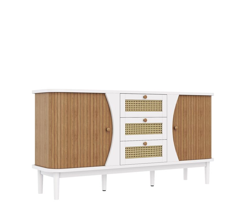 Buffet Blanc 3 Tiroirs Rotin 2 Portes Coulissantes Cannage Naturel 140,5x40x76cm