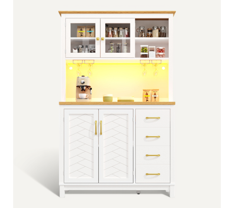 Vaisselier De Cuisine Effet Bois Et Blanc Vitrine Design Chevrons Avec éclairage LED 105,5x40x180cm