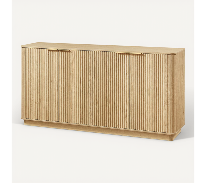 Buffet Grand Effet Bois Clair Façade Cannelée Et Finition Dorée 160 X40x80 Cm