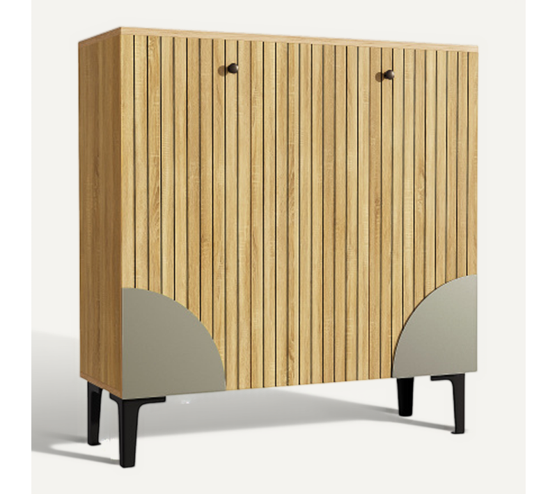 Meuble à Chaussures Effet Bois Avec 3 Portes Cannelées 90x32x94cm