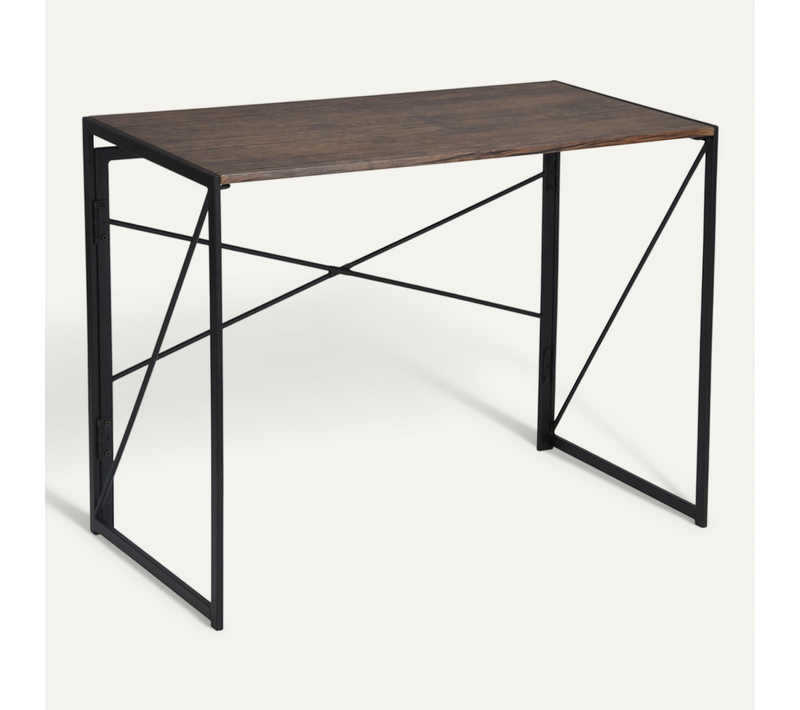 Bureau Pliant Industriel Repliable Métal Bois Foncé Noyer Pied Noir 100*50*75cm