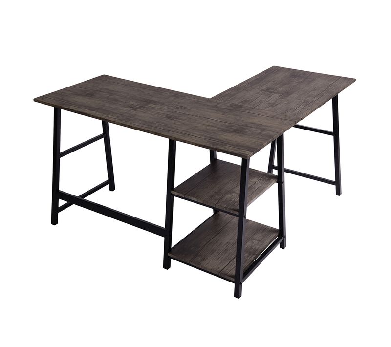 Bureau En L/angle Industriel 2 Étagère De Rangement Vintage Métal Et Bois Sombre 120*120*75cm