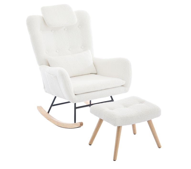 Fauteuil à Bascule Avec Tabouret Repose-pied Velours Blanc Bouclette