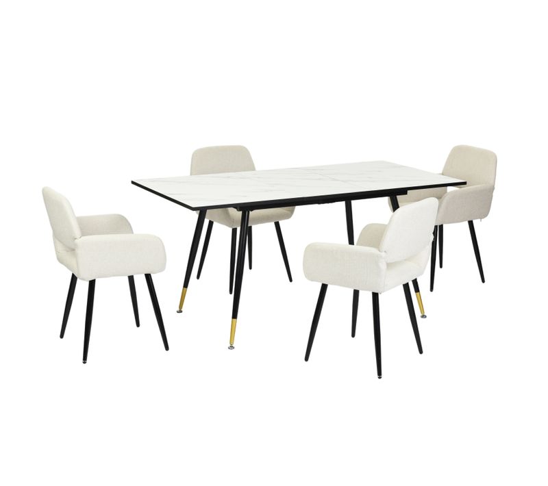 Ensemble Table Extensible Effet Marbre Blanche 120-160cm Et 4 Chaises Tissu Beige