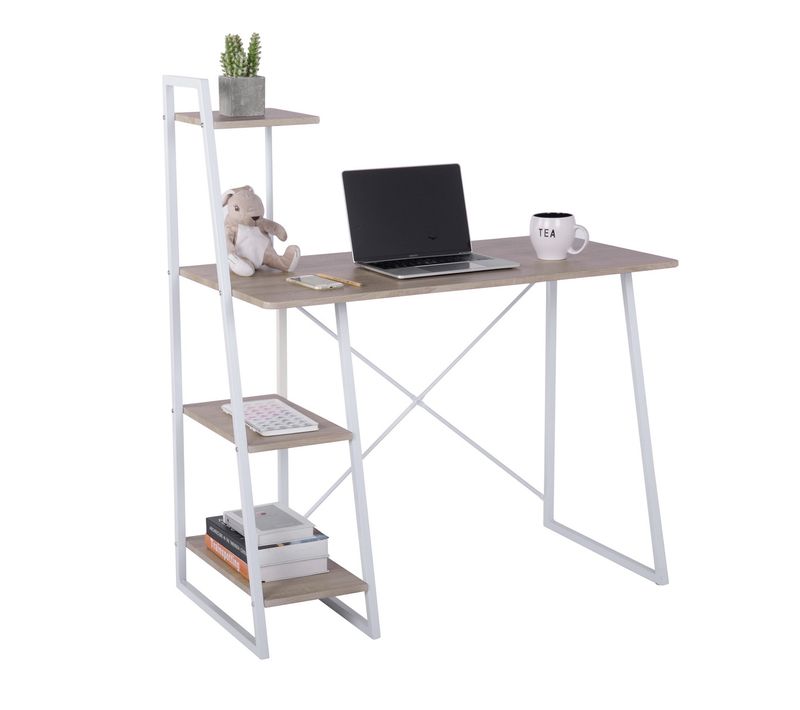 Bureau à Étagères Scandinave Intégrées Au Style Graphique Metal Blanc Et Bois Clair 104*50*128cm