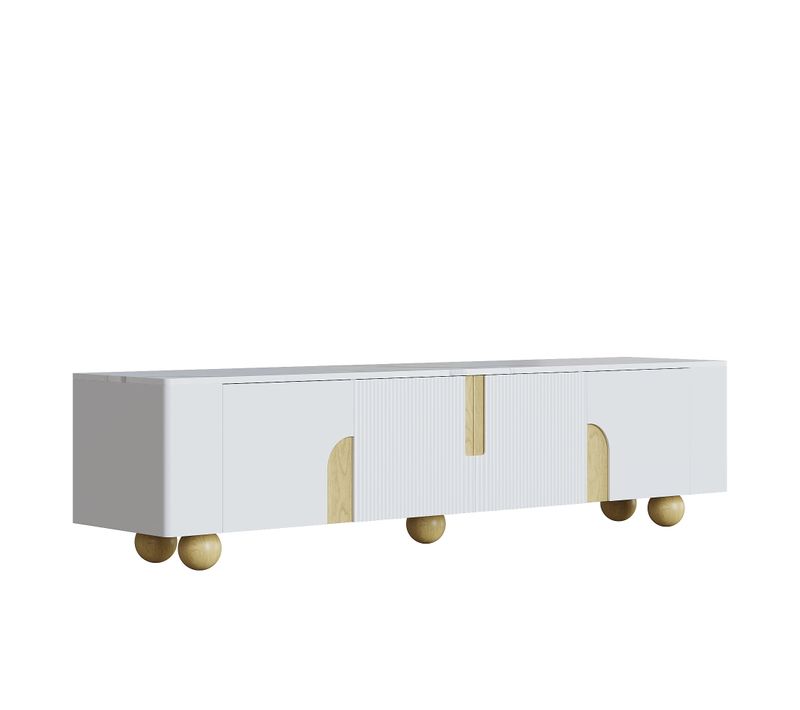 Meuble TV Blanc Effet Marbre Blanc Et Bois Avec Portes Rainurées, Pieds Sphériques 180*40cm Stergu