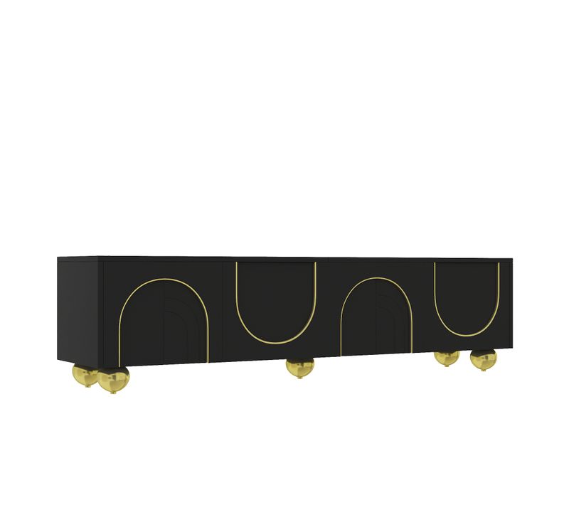 Meuble TV Noir Luxueux Avec Portes Sculptées Et Pieds Dorés Aekron Black G