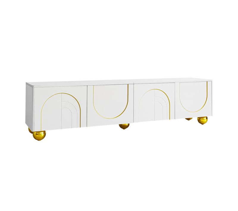 Meuble TV Blanc Luxueux Avec Portes Sculptées Et Pieds Dorés Aekron G