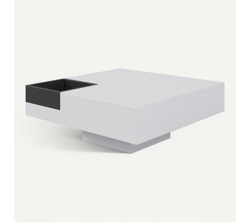 Table Basse Carrée Blanc Brillant Noir Bicolore éclairage LED Avec Boîte De Rangement Amovible