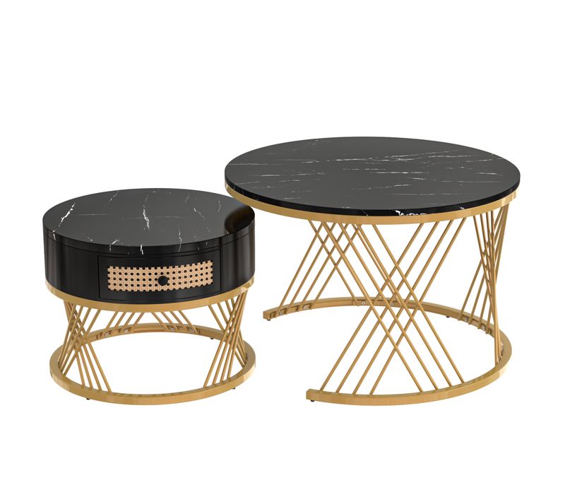Ensemble De 2 Tables Basses Gigognes Rondes Effet Marbre Noir Et Rotin Egniers Black