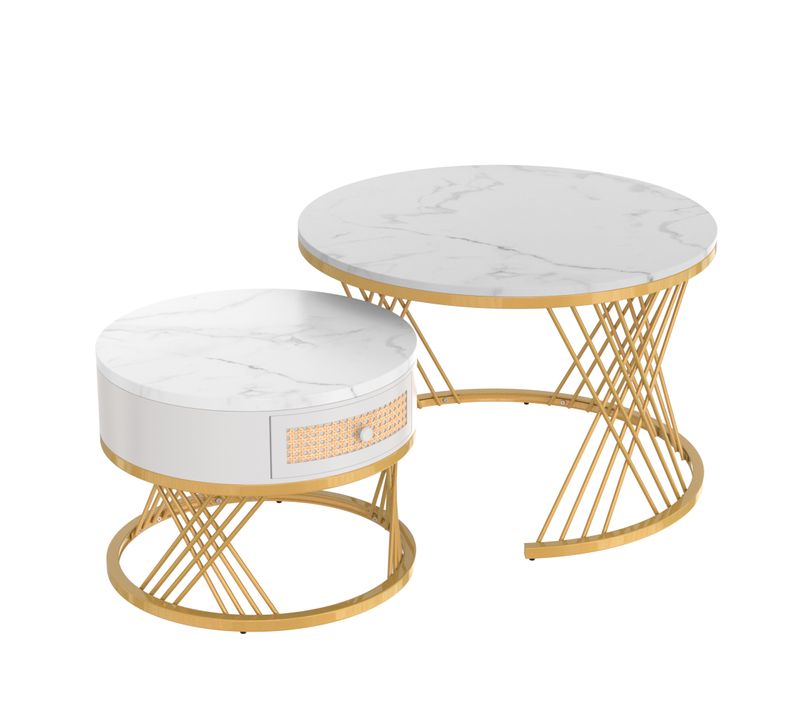 Ensemble De 2 Tables Basses Gigognes Rondes Effet Marbre Blanc Et Rotin Egniers White