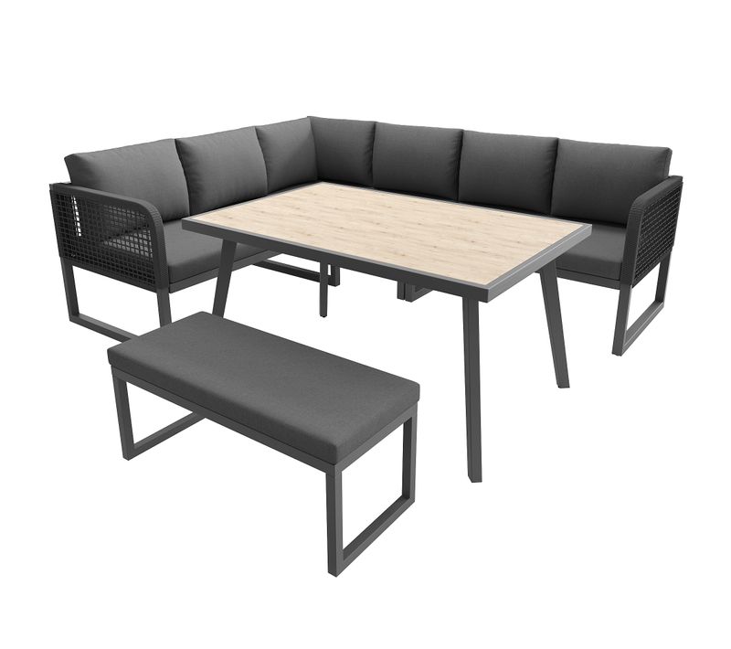 Salon De Jardin Modulable 6-8 Personnes En Rotin Pe Gris Et Table Et Banc, Coussins Épais