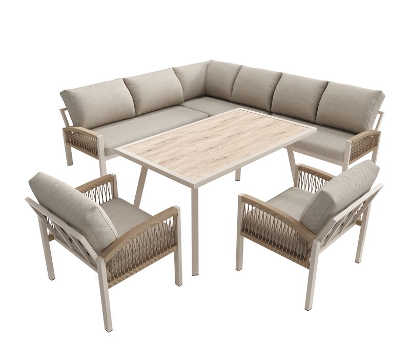 Salon De Jardin D'angle 8 Places Beige, Coussins Beiges, Table Effet Bois
