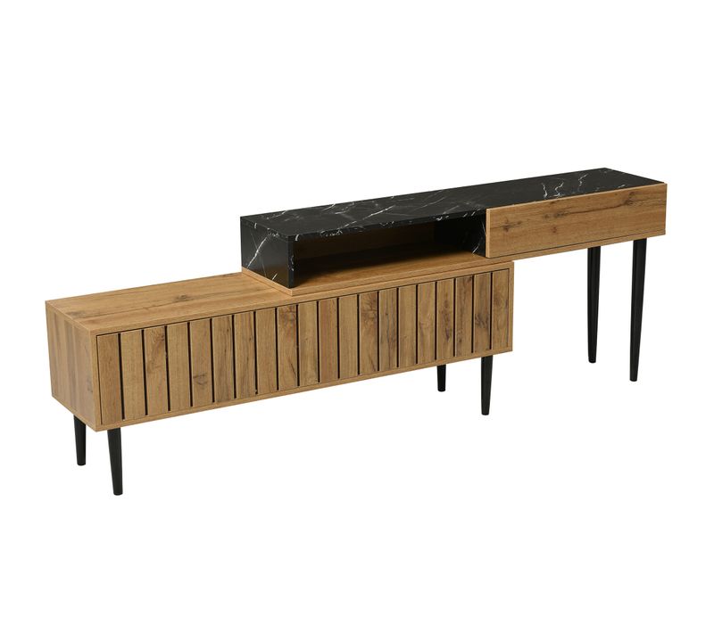 Meuble TV Moderne Avec Design En Marbre Bord En Pvc Pieds En Fer Couleur Bois Foncé