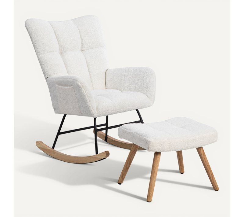 Chaise à Bascule En Polaire Effet Peluche Blanche Dossier Haut Avec Repose-pieds