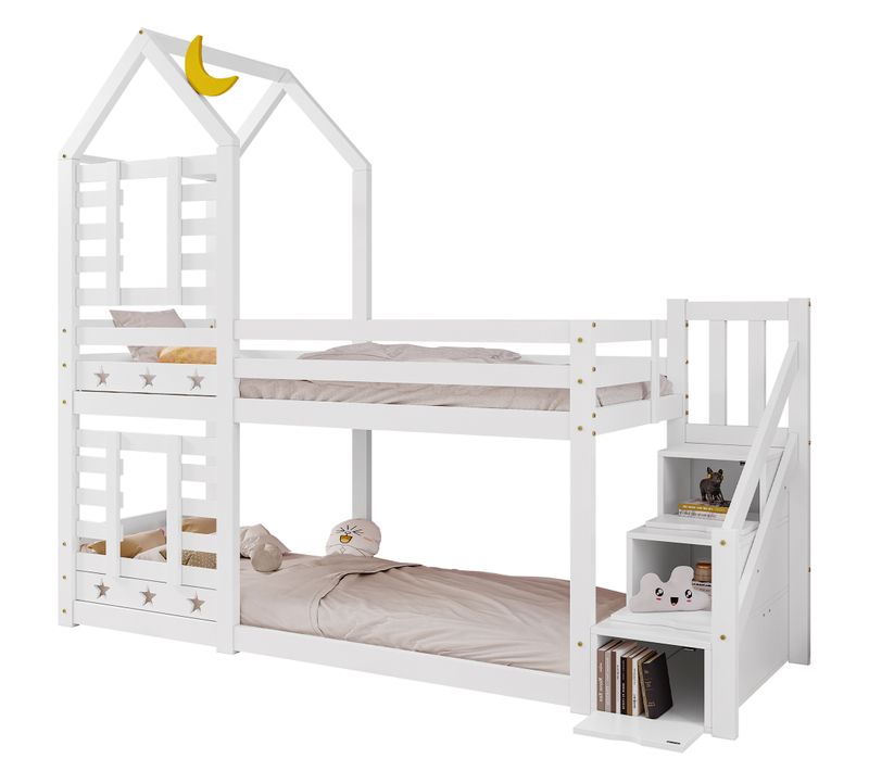 Lit Superposé Lit Enfant Bois Blanc Escalier Avec Rangement 90x200cm